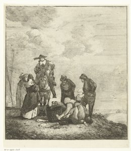 Visverkoopster met klanten bij het strand
