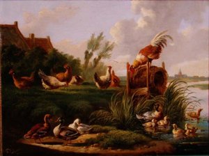 Eenden en gevogelte aan een rivierbank door Albertus Verhoesen