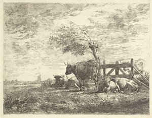 Koeien bij een hek en een knotwilg door Albertus Verhoesen