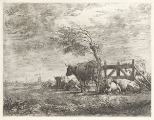 Koeien bij een hek en een knotwilg door Albertus Verhoesen