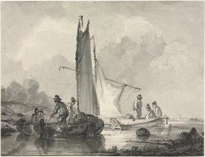 Rivierlandschap met visser en drie boten door Albertus van Beest