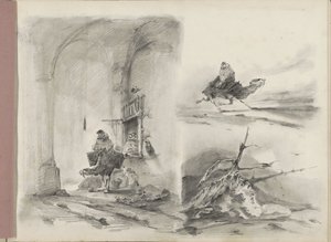 Studieblad, onder andere met een aangespoeld scheepswrak voor een kust door Albertus van Beest