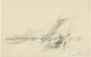 Zeegezicht met schuit in woelig water