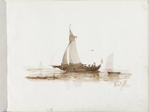 Zeilschip met figuren op het water