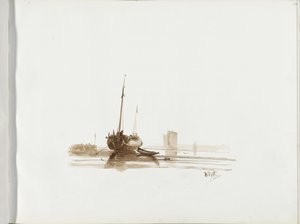 Zeilschip voor anker voor een kust door Albertus van Beest