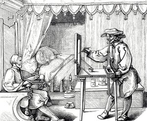 Houtsnede van een kunstenaar die een hulpmiddel gebruikt om de verhoudingen van een portret correct te krijgen. Gravure door Albrecht Dürer