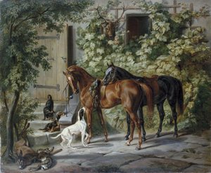 Paarden op de veranda door Albrecht Adam