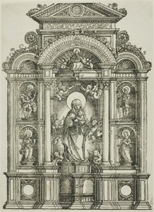 Altaarstuk met de mooie maagd van Regensburg en de heiligen Christophorus, Maria Magdalena, Florianus en Catharina staand in nissen, met God de Vader erboven