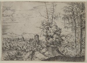 Landschap met twee pijnbomen, 1522-1525 door Albrecht Altdorfer