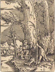 Sint Christoffel Zittend bij een Rivieroever door Albrecht Altdorfer