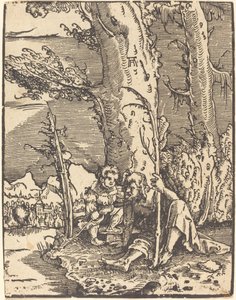 Sint Christoffel Zittend aan een Rivieroever door Albrecht Altdorfer