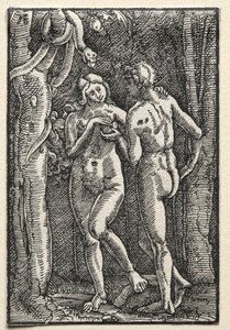 De val en verlossing van de mens: Adam en Eva eten de verboden vrucht, ca. 1515 door Albrecht Altdorfer
