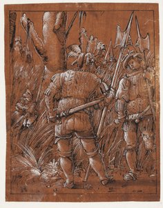 Twee lansquenets kijken naar een paar geliefden door Albrecht Altdorfer