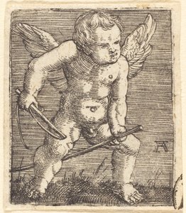 Gevleugelde genii met hobbelpaard en zweep door Albrecht Altdorfer