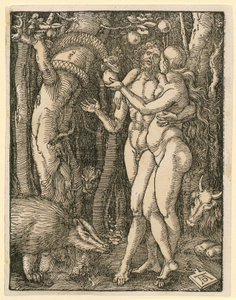 Adam en Eva, blad 2 uit de reeks "Kleine houtsnedepassie" door Albrecht Dürer