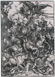 De vier ruiters van de Apocalyps, figuur III, blad 5 uit de serie „De Apocalyps“ door Albrecht Dürer