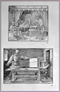 Apparaat voor het vertalen van driedimensionale objecten naar tweedimensionale tekeningen, twee scènes uit het eerste technische boek van de kunstenaar Inleiding in de Kunst van het Meten met Kompas en Liniaal