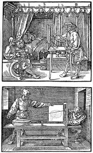 Apparaat voor het vertalen van driedimensionale objecten naar tweedimensionale tekeningen, 1525, 1936 door Albrecht Dürer