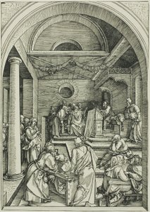 Christus onder de dokters, uit Het leven van de Maagd door Albrecht Dürer