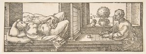Tekenaar die een Perspectieftekening Maakt van een Liggende Vrouw, ca. 1600 door Albrecht Dürer