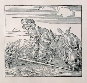 Keizer Maximiliaan I van Duitsland (1459-1519) werpt een tegenstander uit het zadel in een steekspel, uit een ongepubliceerd boek dat de ridderlijke daden van de keizer verheerlijkt, c.1515