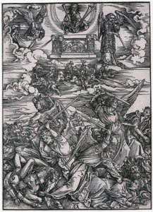 Engelenstrijd, VII. Figuur, blad 9 uit de serie „De Apocalyps“ door Albrecht Dürer