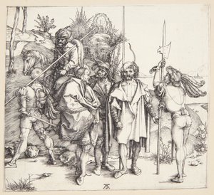 Vijf lansquenets en een oosterling te paard