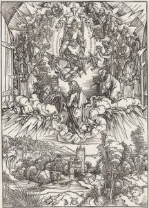 Johannes voor God de Vader en de Oudsten, uit de reeks van de Apocalyps. 1496 door Albrecht Dürer