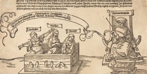 Gerechtigheid, Waarheid en Rede in de Stocks met de Zittende Rechter en Slapende Vroomheid door Albrecht Dürer