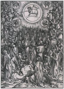 Lofzang van de uitverkorenen in de hemel / Aanbidding van het Lam, XIIe figuur, blad 14 uit de reeks „De Apocalyps“ door Albrecht Dürer