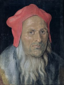 Portret van een bebaarde man met een rode hoed