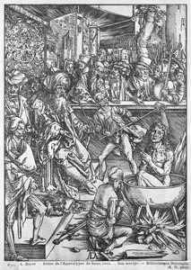 Scène uit de Apocalyps, De marteldood van St. Johannes de Evangelist, Latijnse editie, 1511 door Albrecht Dürer