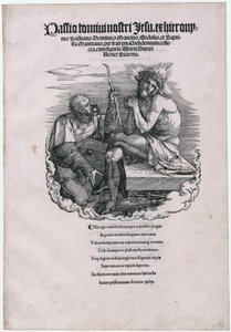 De Man van Smarten en de Landsknecht, blad 1 [titelblad] van de reeks „De Grote Passie“ door Albrecht Dürer