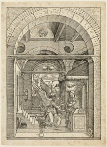 De annunciatie, uit Het leven van de Maagd door Albrecht Dürer