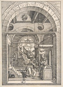 De Annunciatie, uit Het Leven van de Maagd, Latijnse Editie, 1511 door Albrecht Dürer