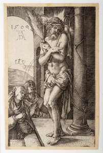 De Man van Smarten bij de Zuil met de Maagd en St. Johannes, uit de Gegraveerde Passie door Albrecht Dürer