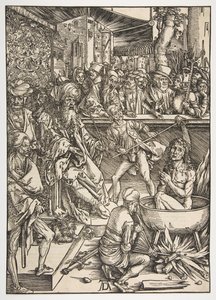 Het Martelaarschap van Sint Jan, uit De Apocalyps, Latijnse Editie 1511 door Albrecht Dürer