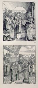 De Triomfboog van Keizer Maximiliaan I (1459-1519): detail met twee panelen boven de linkerpoort die gebeurtenissen uit het leven van Keizer Maximiliaan tonen, uitgegeven 1517-28