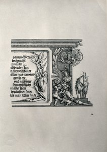 De Triomfboog van Keizer Maximiliaan I van Duitsland: detail van een hertenhuid met een inscriptie en een geit door Albrecht Dürer