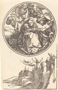 De Maagd gekroond door twee engelen boven een landschap door Albrecht Dürer