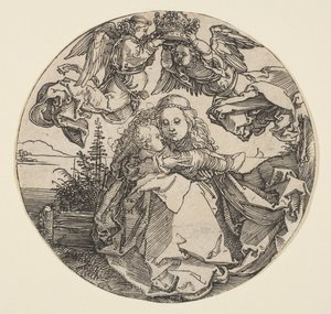 De Maagd en het Kind gekroond door twee engelen boven een landschap, ca. 1504