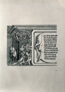 Triomfboog van Keizer Maximiliaan I van Duitsland: detail van een hertenhuid met een inscriptie en een geit