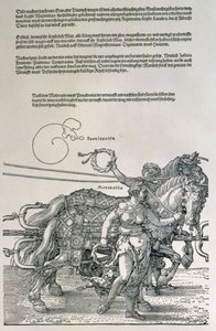 Triomfwagen van keizer Maximiliaan I van Duitsland (1459-1519): detail van de paardenteams, geleid door twee deugden, Voorzienigheid en Matiging, gepubliceerd ca.1518