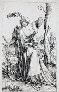 Een wandelend paar, bekeken door de Dood verborgen achter een boom, met een zandloper. Gravure door Albrecht Dürer (1471-1528) 1496-1498. Dim. 19x12 cm. Berlijn, gravurekabinet door Albrecht Dürer