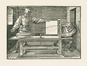 Een man die een luit trekt door Albrecht Dürer or Duerer