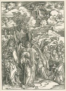 Vier engelen die de winden tegenhouden en de ondertekening van de uitverkorenen. De Openbaring van Johannes, ca. 1497-98 (houtsnede) door Albrecht Dürer or Duerer