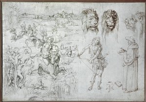 Verkrachting van Europa, leeuwenkoppen, boogschutter, salie, schedel (tekening) door Albrecht Dürer or Duerer