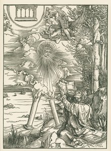 Johannes verslindt het boek dat door de engel wordt aangeboden. De Openbaring van Johannes, c.1498 (houtsnede) door Albrecht Dürer or Duerer