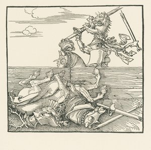 Het buitenlandse toernooi. Maximiliaan heeft zijn tegenstander Jacop de Heri uit het zadel getild, ca. 1517-18 (houtsnede) door Albrecht Dürer or Duerer