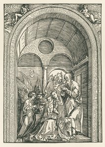 De Heilige Familie met twee engelen in een portiek, c.1503-04 (houtsnede) door Albrecht Dürer or Duerer